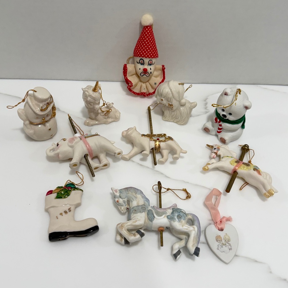 Vtg 11 pc Lot Ceramic Handpainted Christmas Ornaments Carousel Horse Unicorn Dog
